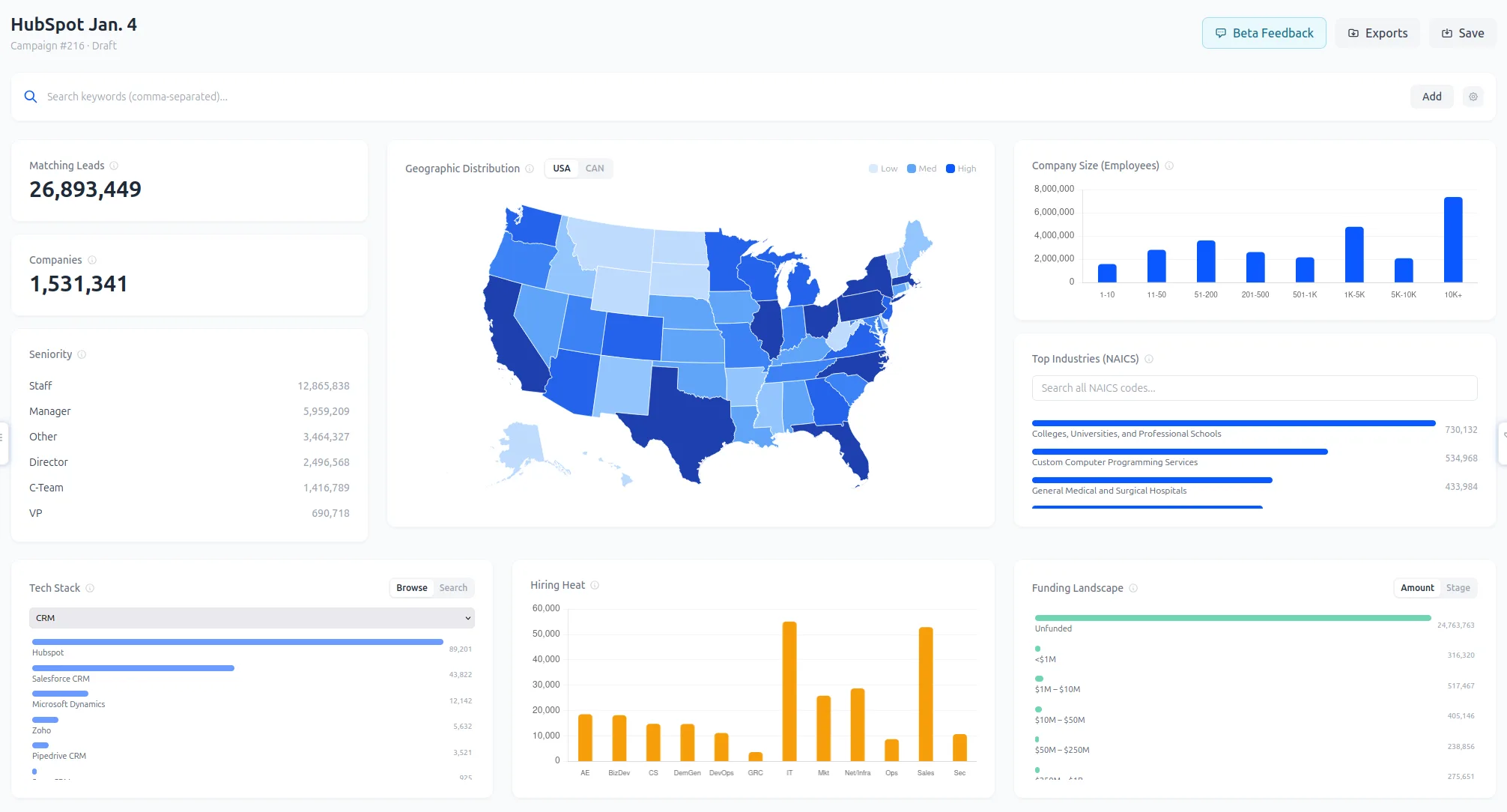 Lead Nexus workspace with stacked filters and a live contact count