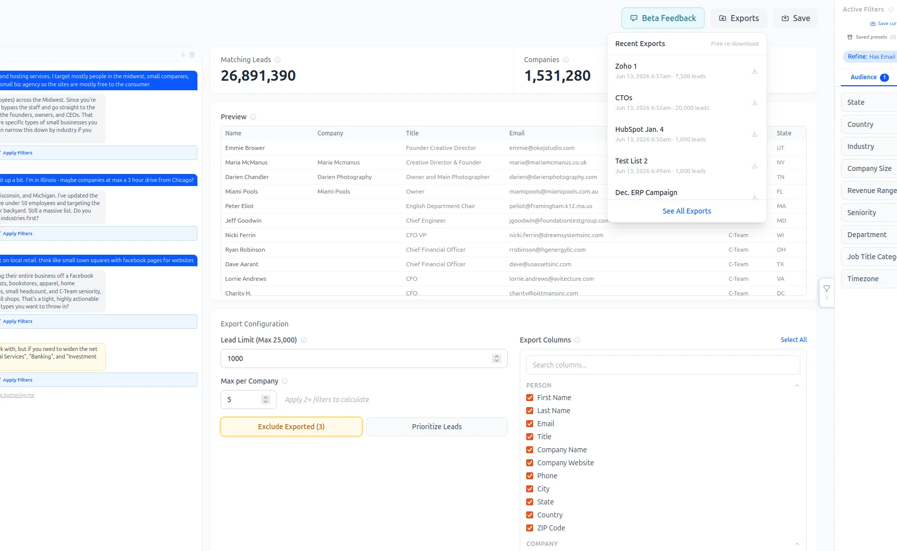 The export modal with suppression and exclude-already-exported controls