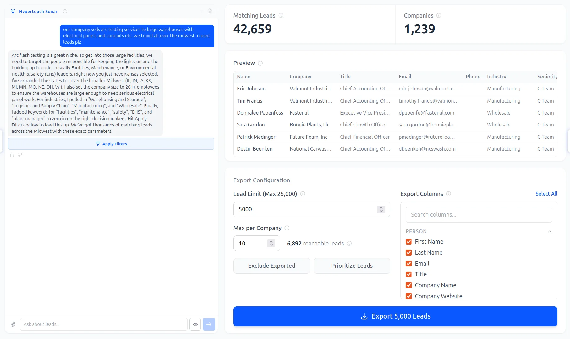 The filter rail and preview grid with a live contact count
