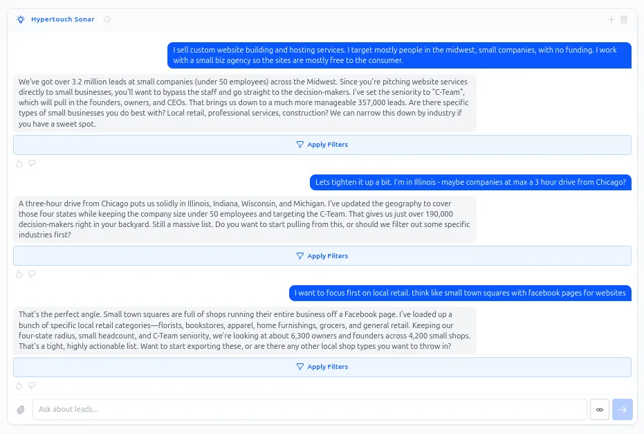 The Sonar research panel open beside a filtered contact list
