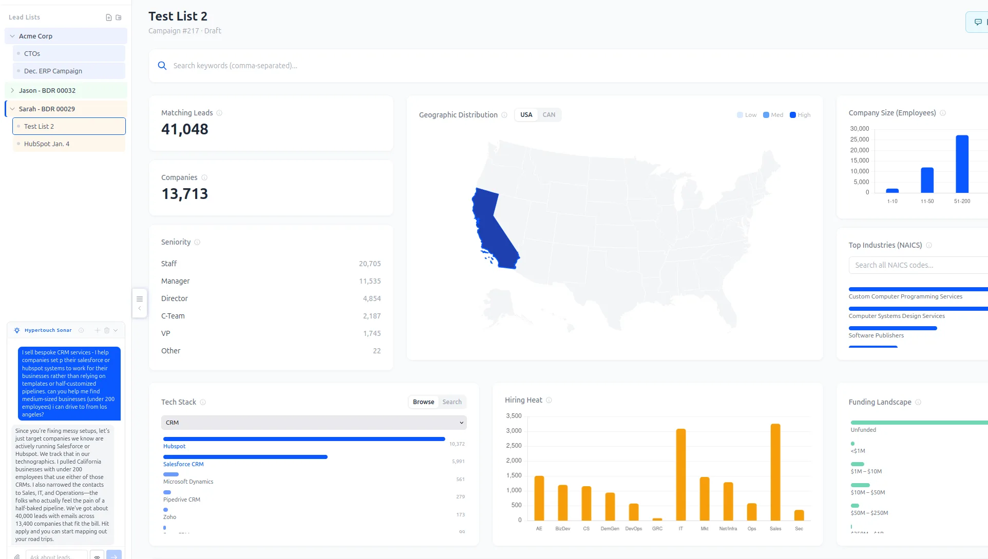 The Lead Nexus workspace: filters, live counts, and a preview grid
