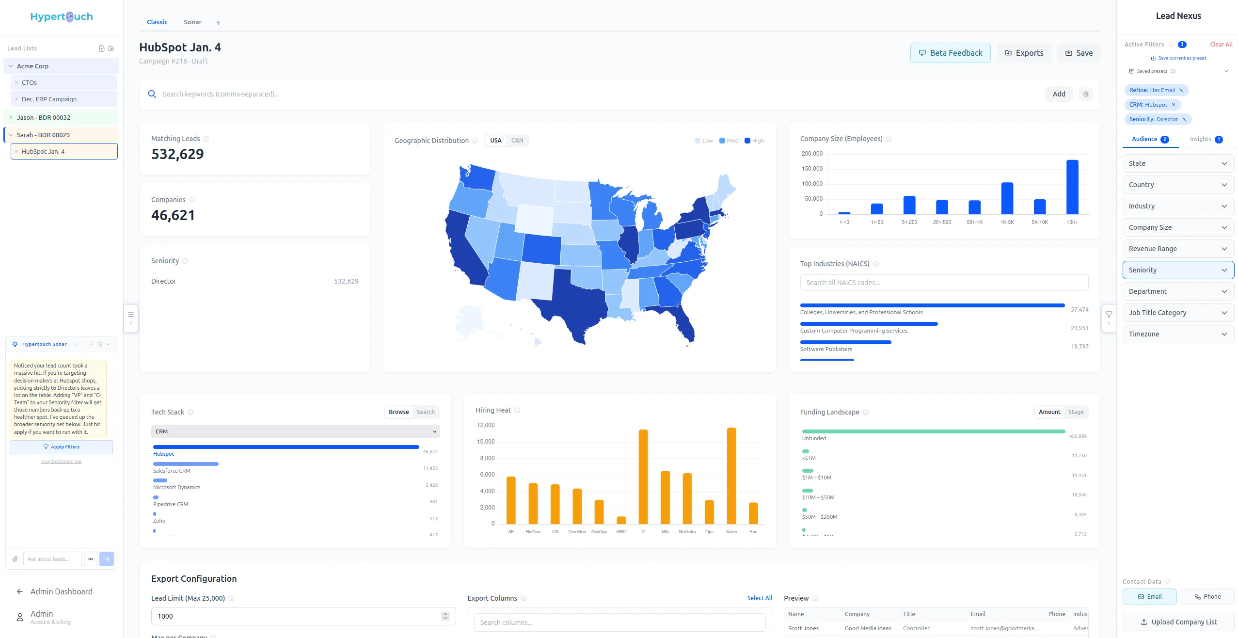 The Lead Nexus workshop with filters, counts, and a preview grid