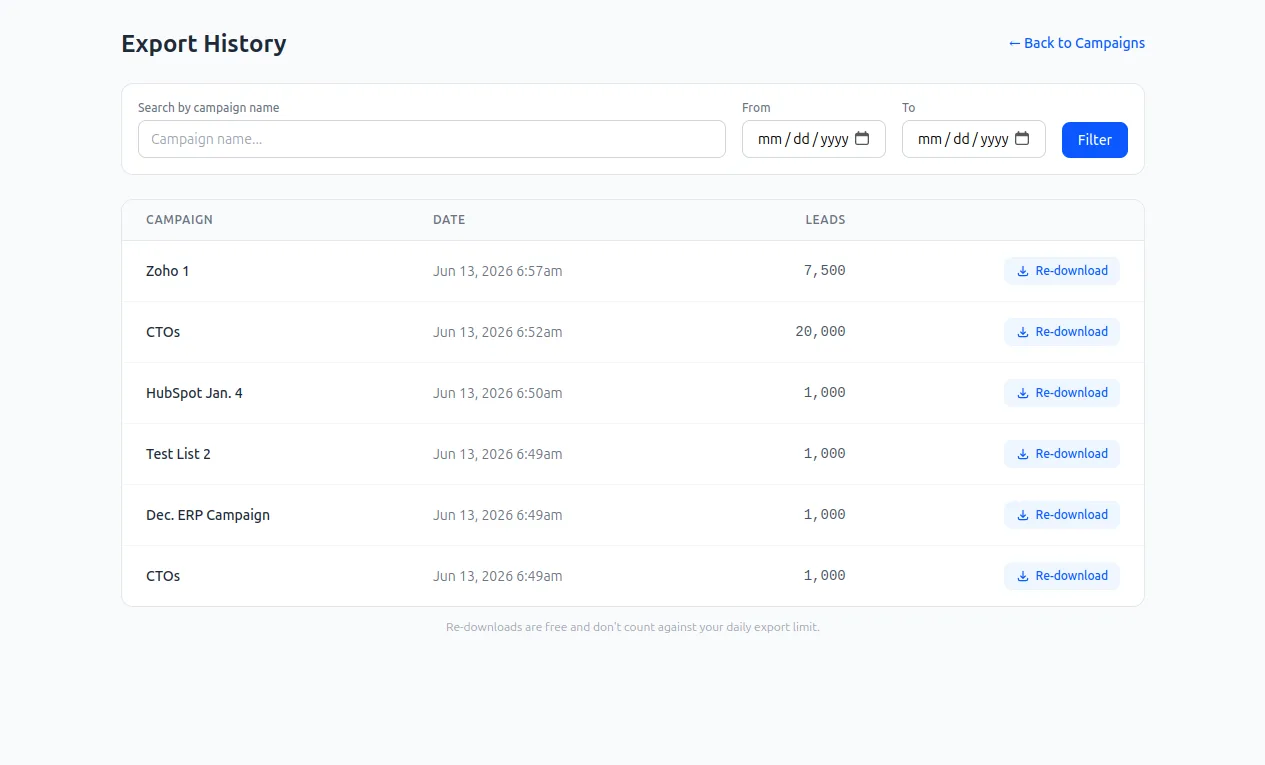 The export modal and export history with re-download
